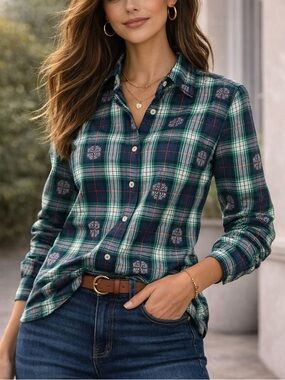 Talbots Plaid Button Down Shirt Green Navy Snowflake Cotton Preppy size M